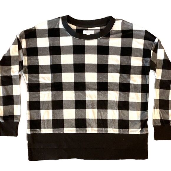 𝅺Plush Velour Black & White Buffalo Check Top Size M (8-10) - Picture 2 of 3
